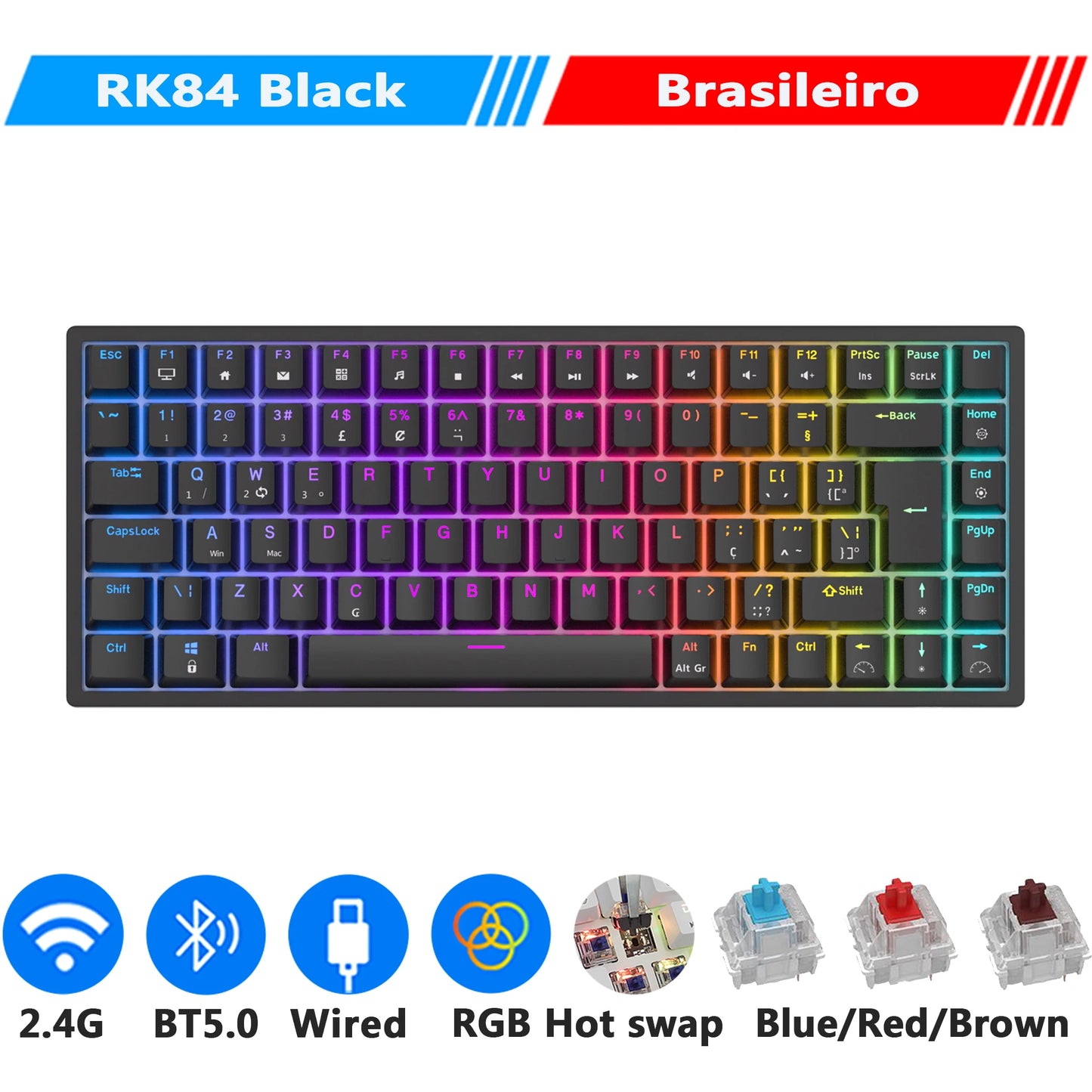 RK84 75% RGB Triple Mode Mechanical Keyboard BT5.0/2.4G/USB-C 84 Hot Swappable Bluetooth Wireless Gamer Keyboard