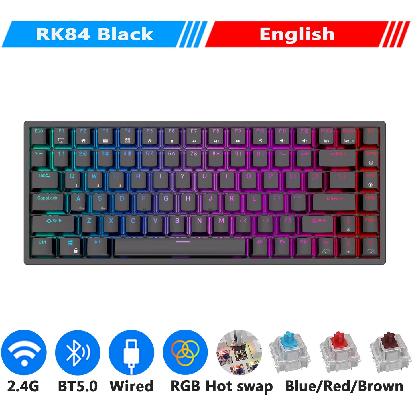 RK84 75% RGB Triple Mode Mechanical Keyboard BT5.0/2.4G/USB-C 84 Hot Swappable Bluetooth Wireless Gamer Keyboard