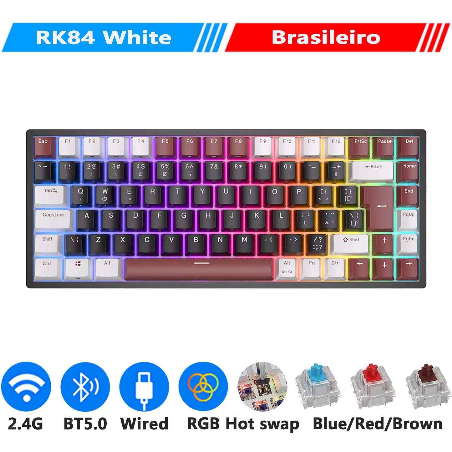RK84 75% RGB Triple Mode Mechanical Keyboard BT5.0/2.4G/USB-C 84 Hot Swappable Bluetooth Wireless Gamer Keyboard