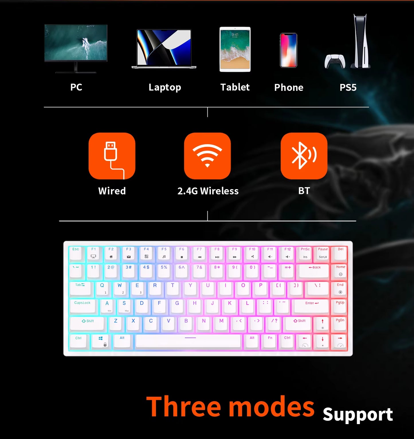 RK84 75% RGB Triple Mode Mechanical Keyboard BT5.0/2.4G/USB-C 84 Hot Swappable Bluetooth Wireless Gamer Keyboard