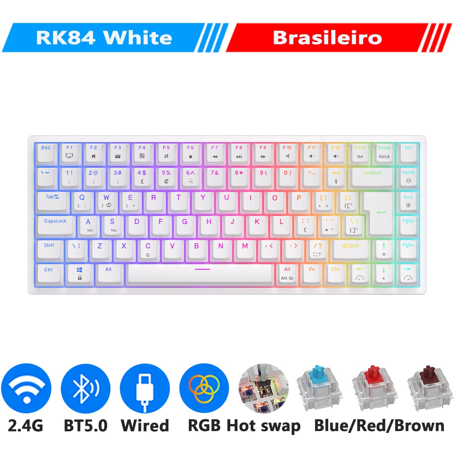 RK84 75% RGB Triple Mode Mechanical Keyboard BT5.0/2.4G/USB-C 84 Hot Swappable Bluetooth Wireless Gamer Keyboard