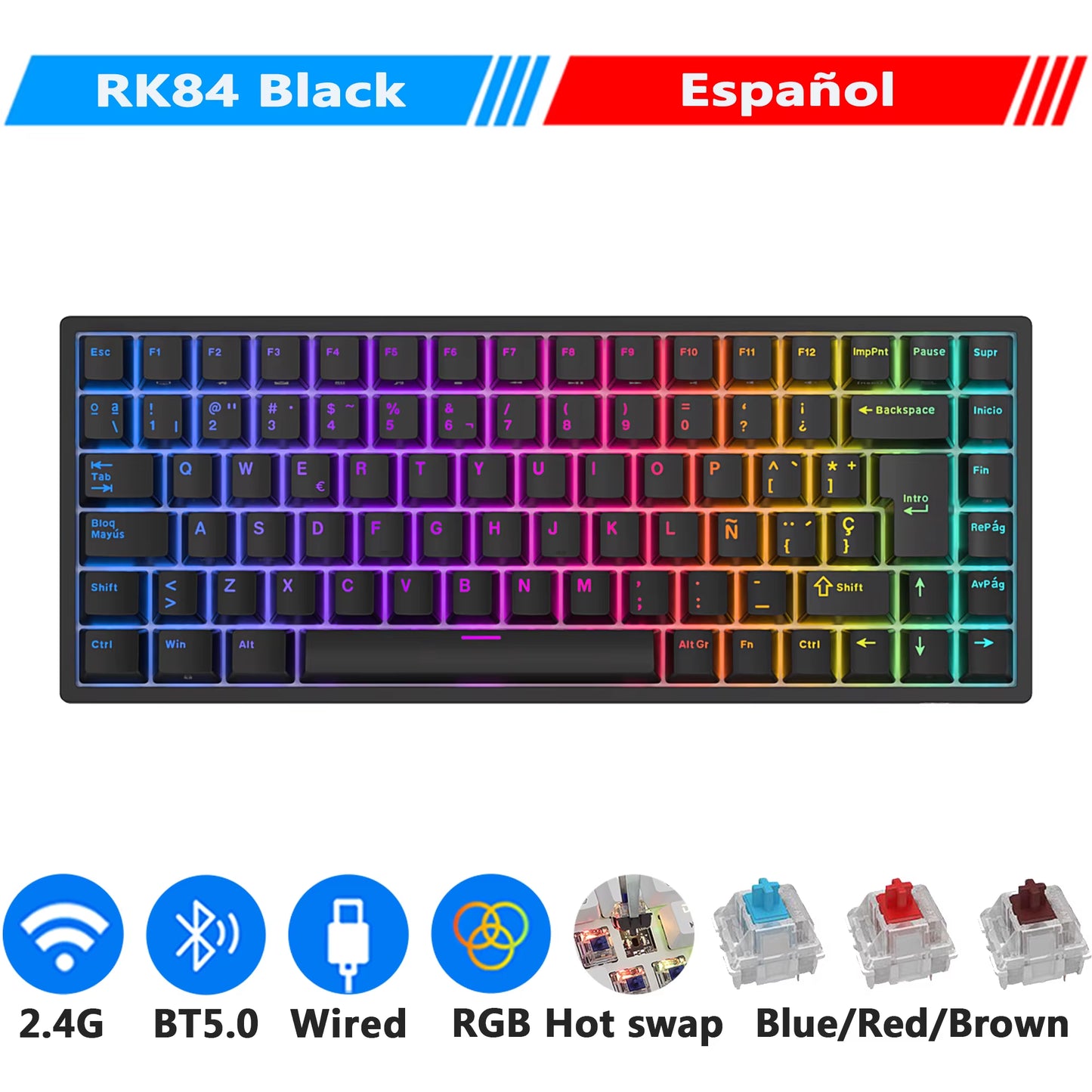 RK84 75% RGB Triple Mode Mechanical Keyboard BT5.0/2.4G/USB-C 84 Hot Swappable Bluetooth Wireless Gamer Keyboard