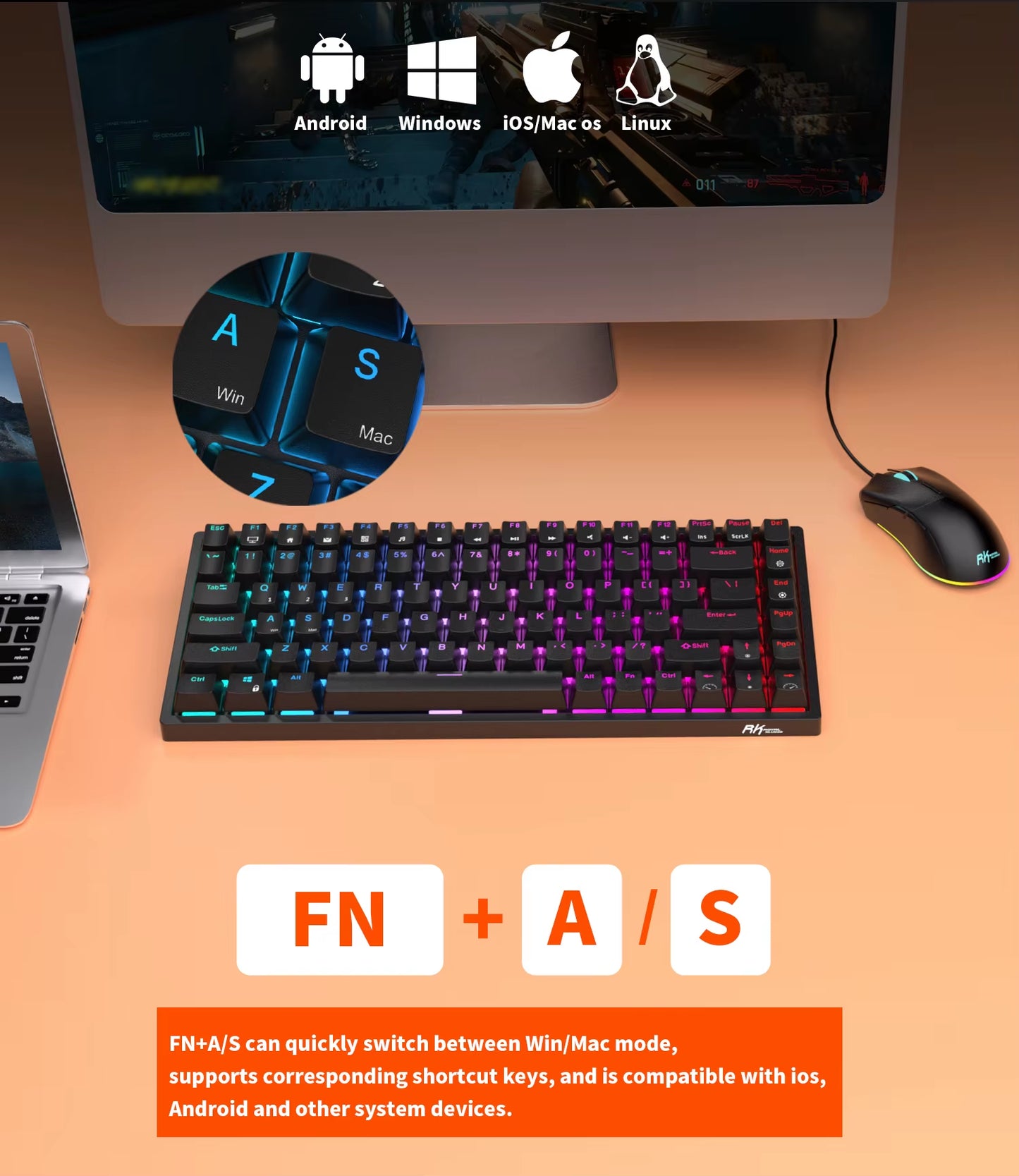 RK84 75% RGB Triple Mode Mechanical Keyboard BT5.0/2.4G/USB-C 84 Hot Swappable Bluetooth Wireless Gamer Keyboard