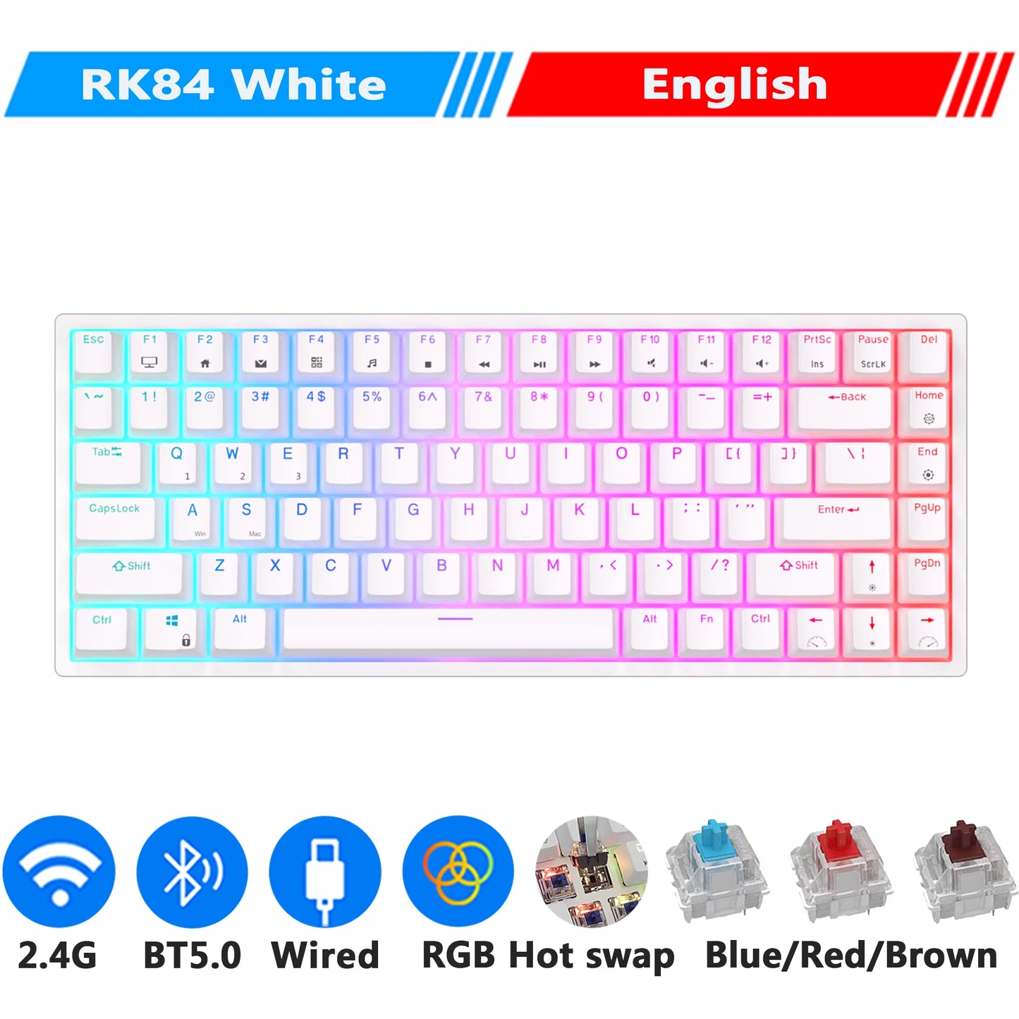 RK84 75% RGB Triple Mode Mechanical Keyboard BT5.0/2.4G/USB-C 84 Hot Swappable Bluetooth Wireless Gamer Keyboard