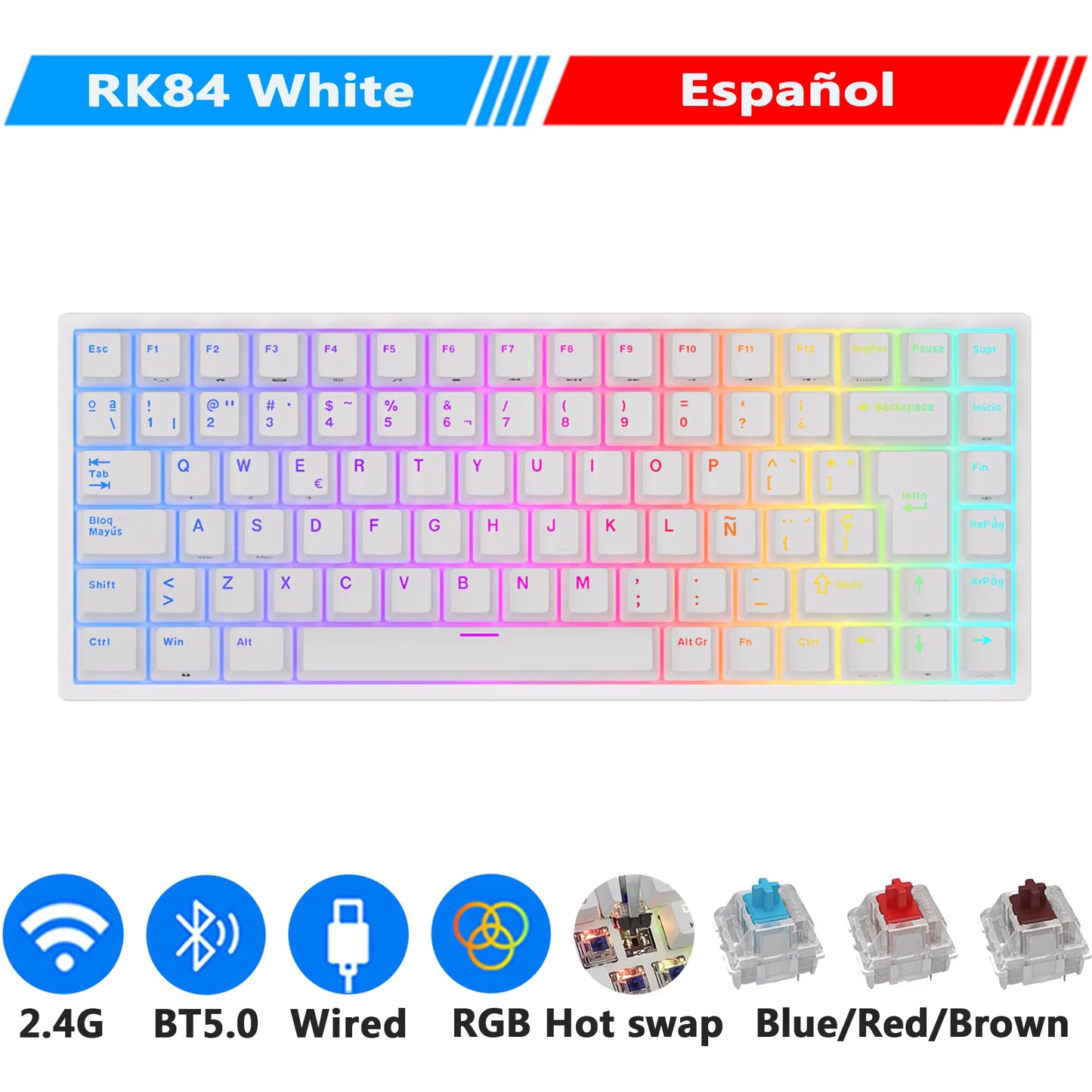 RK84 75% RGB Triple Mode Mechanical Keyboard BT5.0/2.4G/USB-C 84 Hot Swappable Bluetooth Wireless Gamer Keyboard