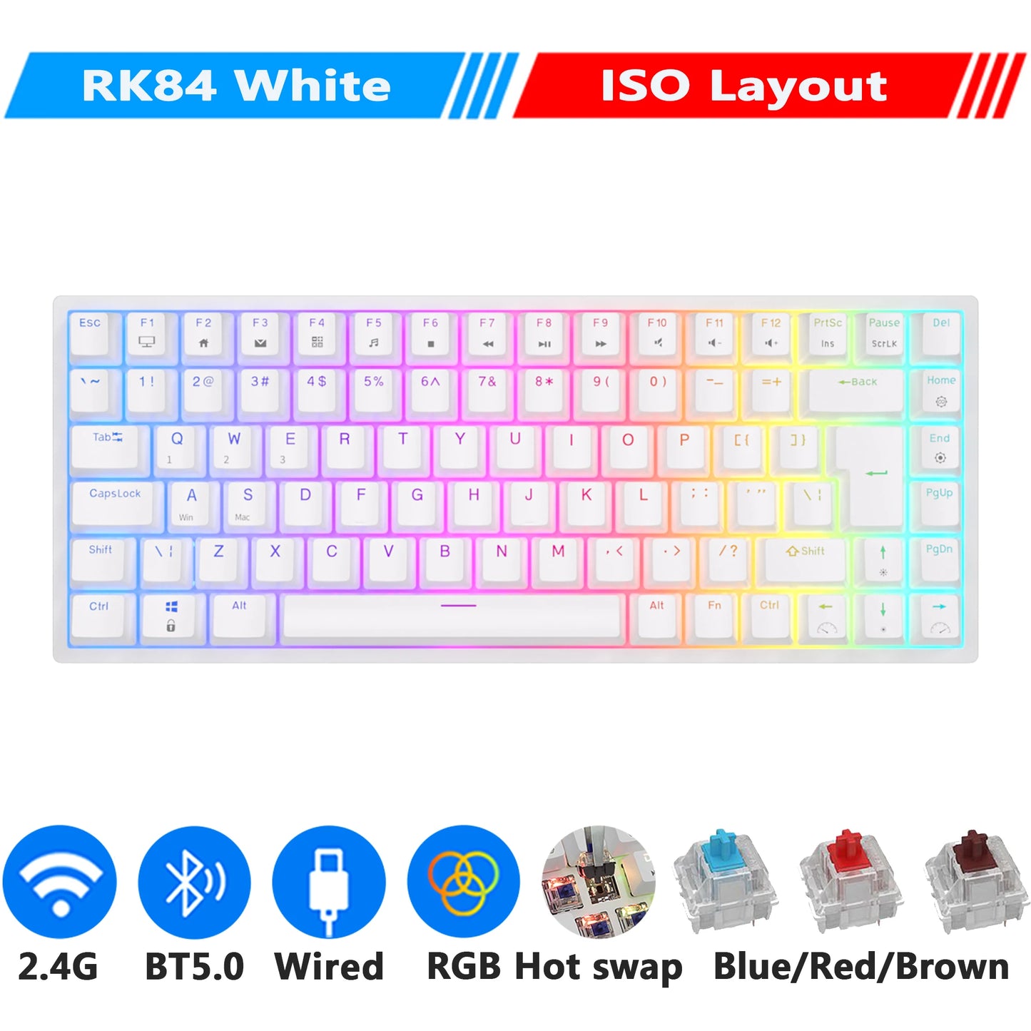 RK84 75% RGB Triple Mode Mechanical Keyboard BT5.0/2.4G/USB-C 84 Hot Swappable Bluetooth Wireless Gamer Keyboard